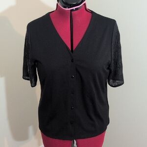 Leo & Ugo | Black Button-Up Women's Top Studded Bejeweled Patterned Sleeves